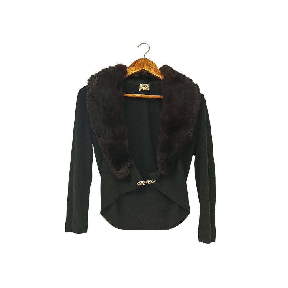 Vintage 1950s Black Women's Cardigan With Faux Fur Collar & Rhinestone Clasp Siz